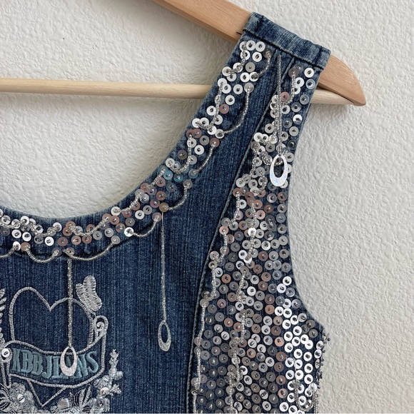 KBB JEANS Vintage 90s Dark Wash Denim Sequin Beaded Handmade Smocked Tank Top - Picture 3 of 11